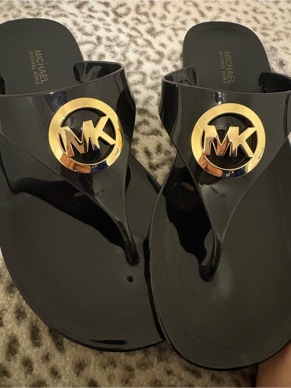 MICHAEL Michael Kors Black Jelly Thong Sandals with Gold MK Logo